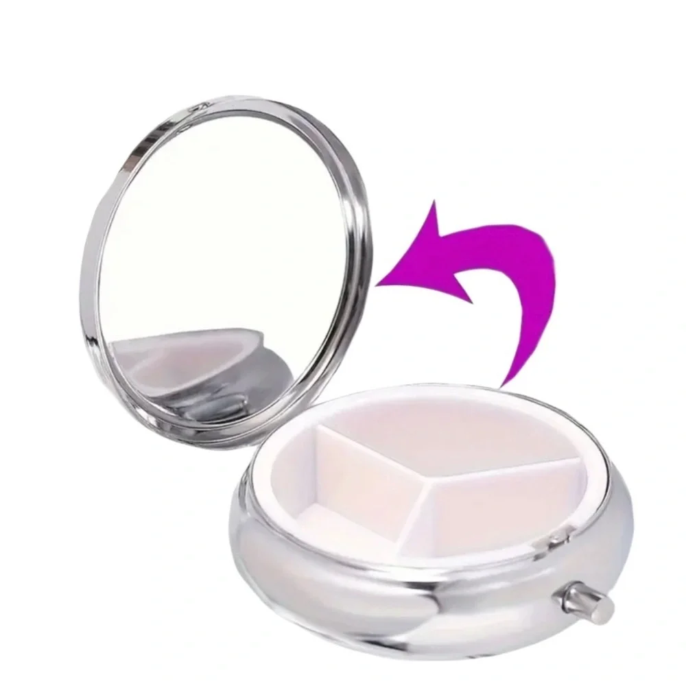 Cute Tabby Cat Pill Case, 3 Compartment Holder, Kawaii Kitty Compact Mirror